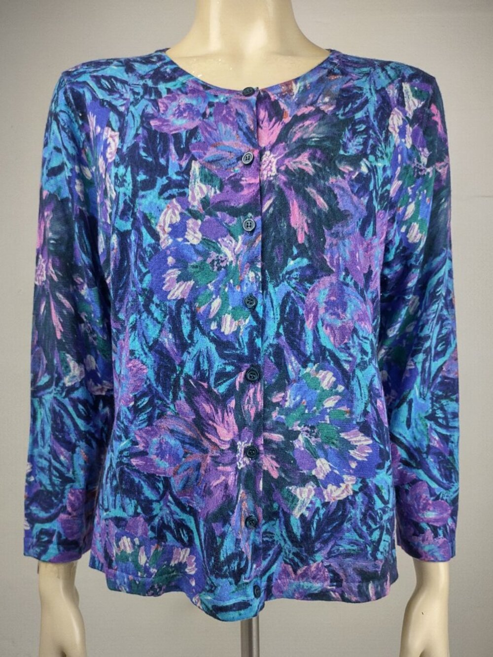Garnet Hill blue purple floral 100% Merino Wool cardigan sweater ladies XL
